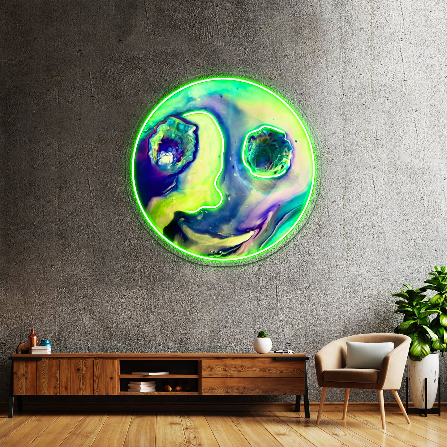 Happy Alien Influences Acrylic Pour Wall Artwork Neon Signs