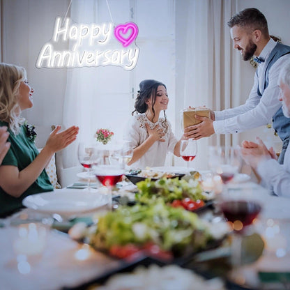 Happy Anniversary White Pink Heart Led Neon Sign For Romantic Anniversary Decor - Shineneon