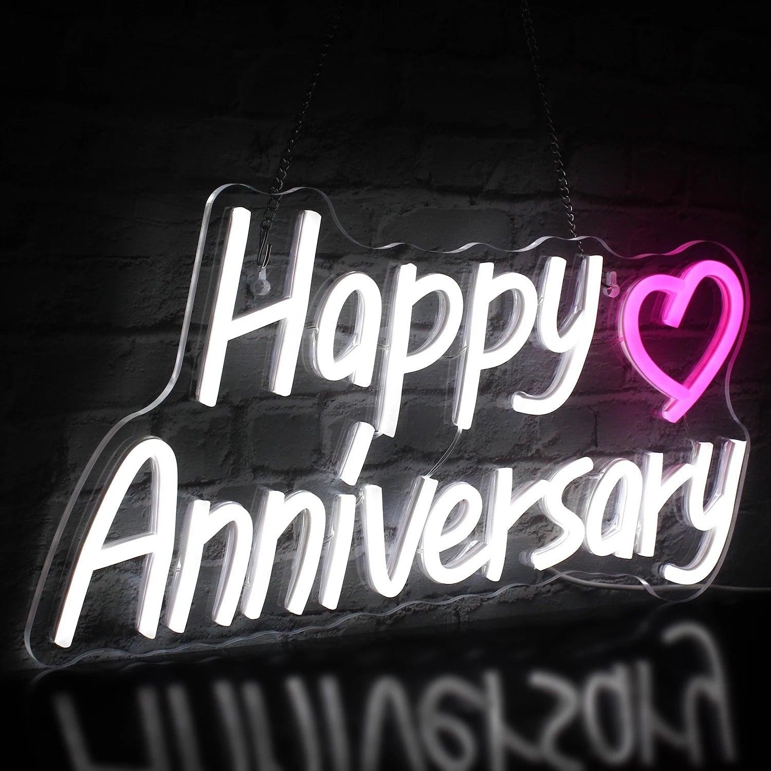 Happy Anniversary White Pink Heart Led Neon Sign For Romantic Anniversary Decor - Shineneon