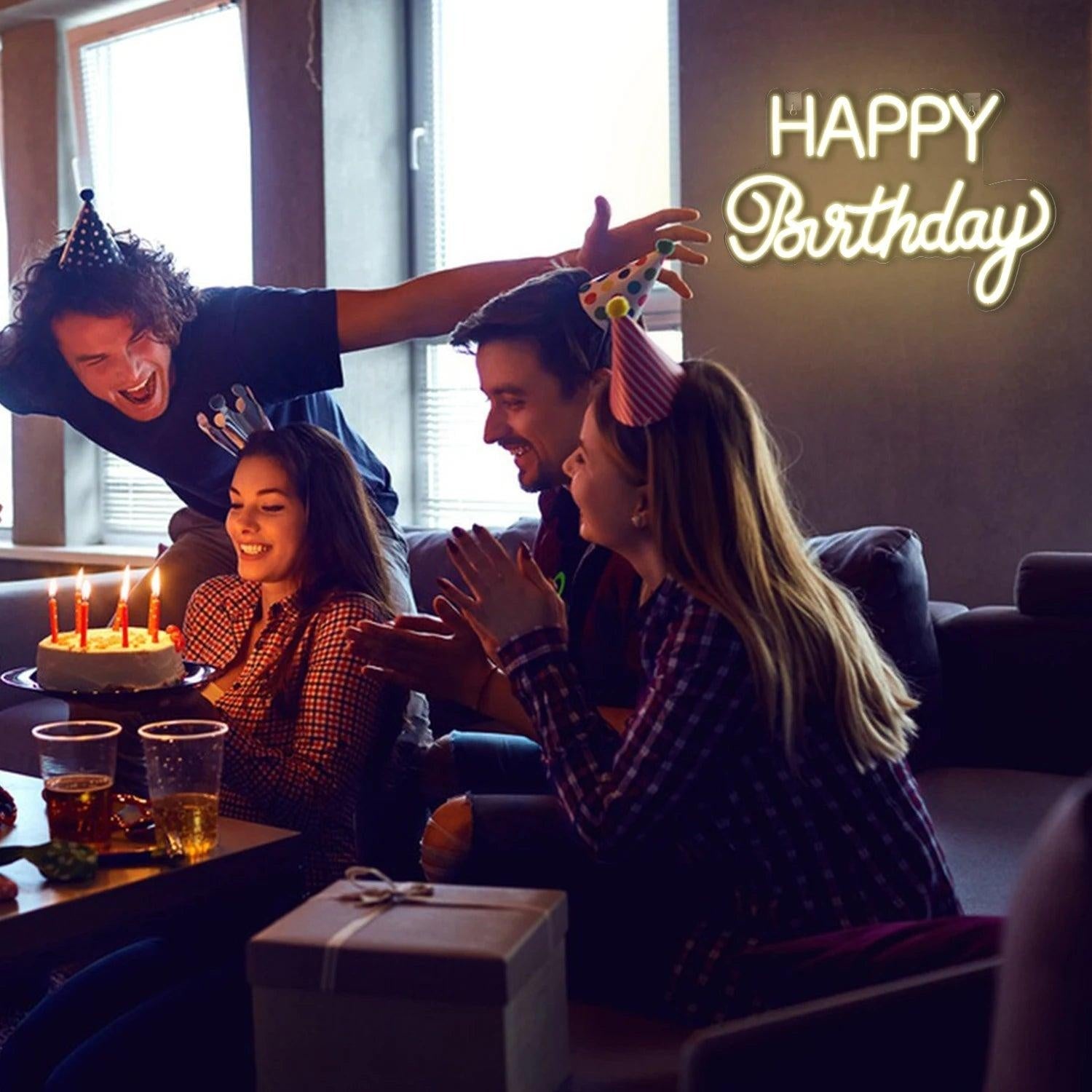 Happy Birthday Warm White Led Neon Sign Elegant Font Indoor Celebration - Shineneon