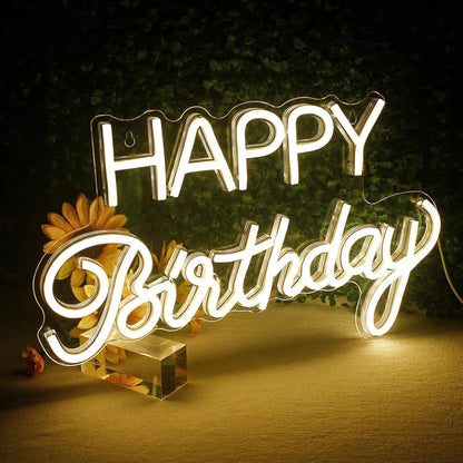Happy Birthday Warm White Led Neon Sign Elegant Font Indoor Celebration - Shineneon