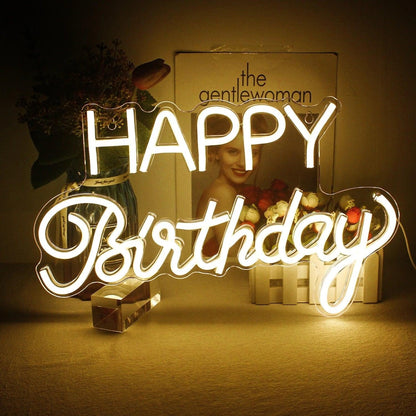 Happy Birthday Warm White Led Neon Sign Elegant Font Indoor Celebration - Shineneon