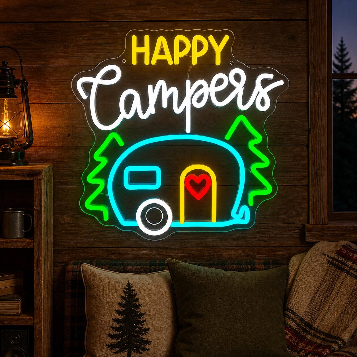 Happy Campers Pine Trailer Vintage LED Neon Sign - Shineneon