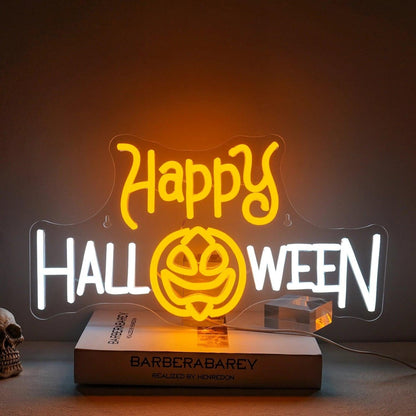 Happy Halloween Led Neon Sign With Pumpkin Spider Web Yellow Green Indoor Decor - Shineneon