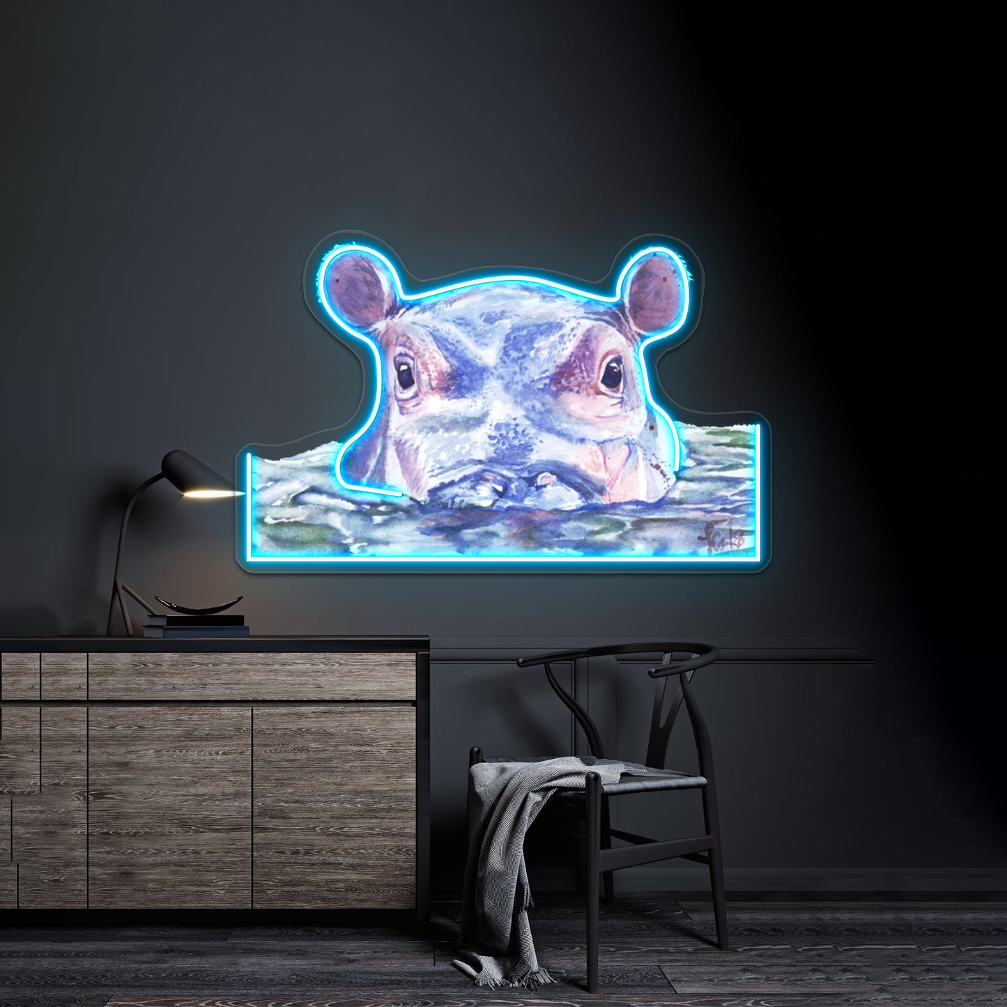 Happy Hippo Watercolor Painting Wall Artwork Neon Signs