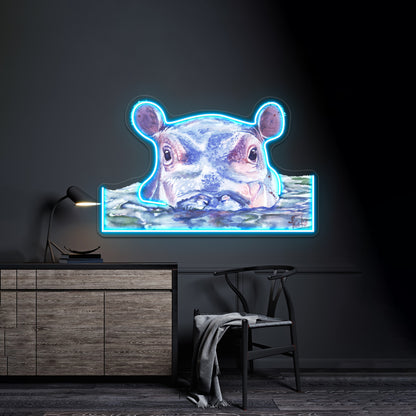 Happy Hippo Watercolor Painting Wall Artwork Neon Signs