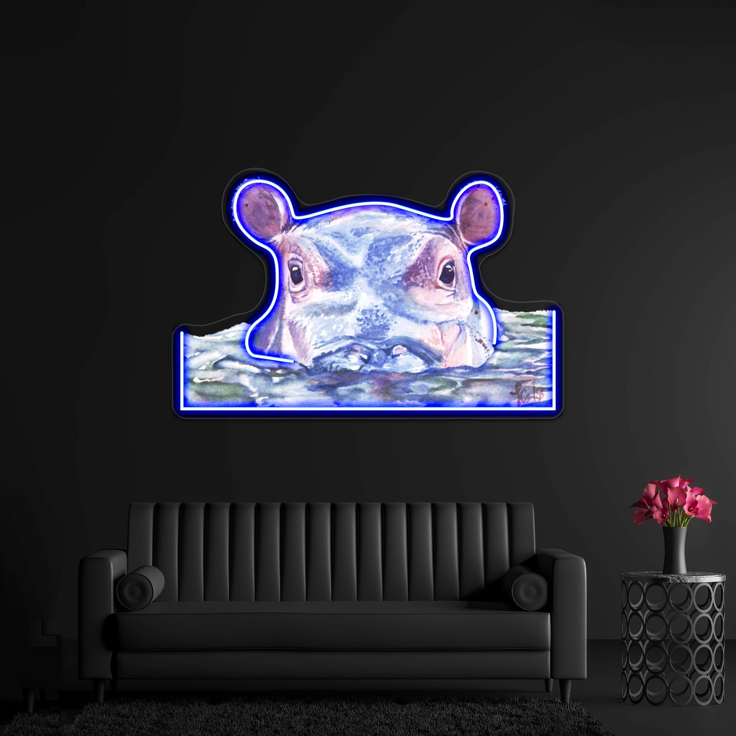 Happy Hippo Watercolor Painting Wall Artwork Neon Signs