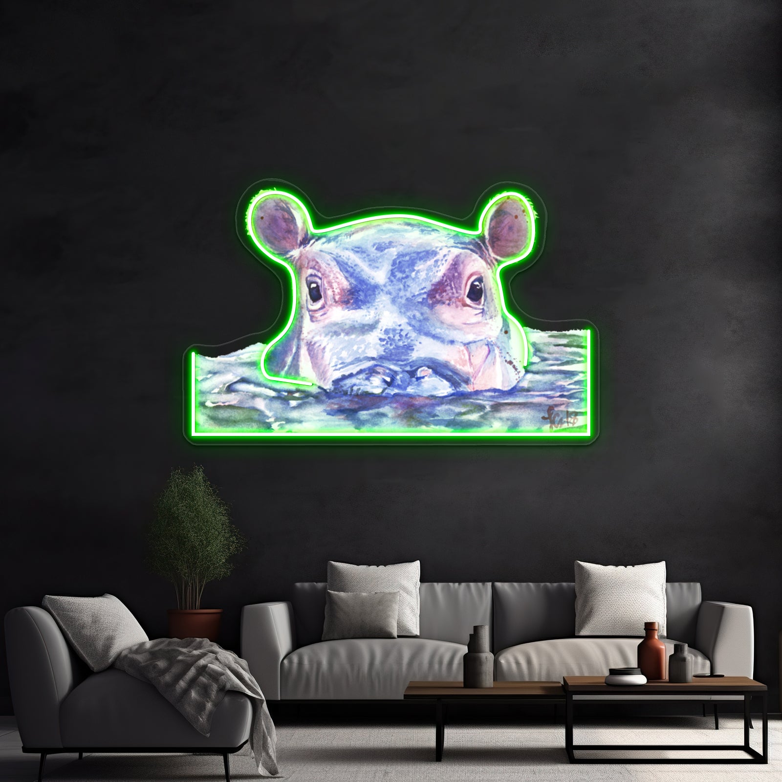 Happy Hippo Watercolor Painting Wall Artwork Neon Signs | Shineneon