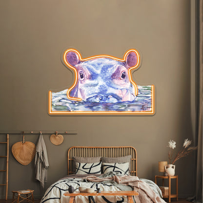 Happy Hippo Watercolor Painting Wall Artwork Neon Signs | Shineneon
