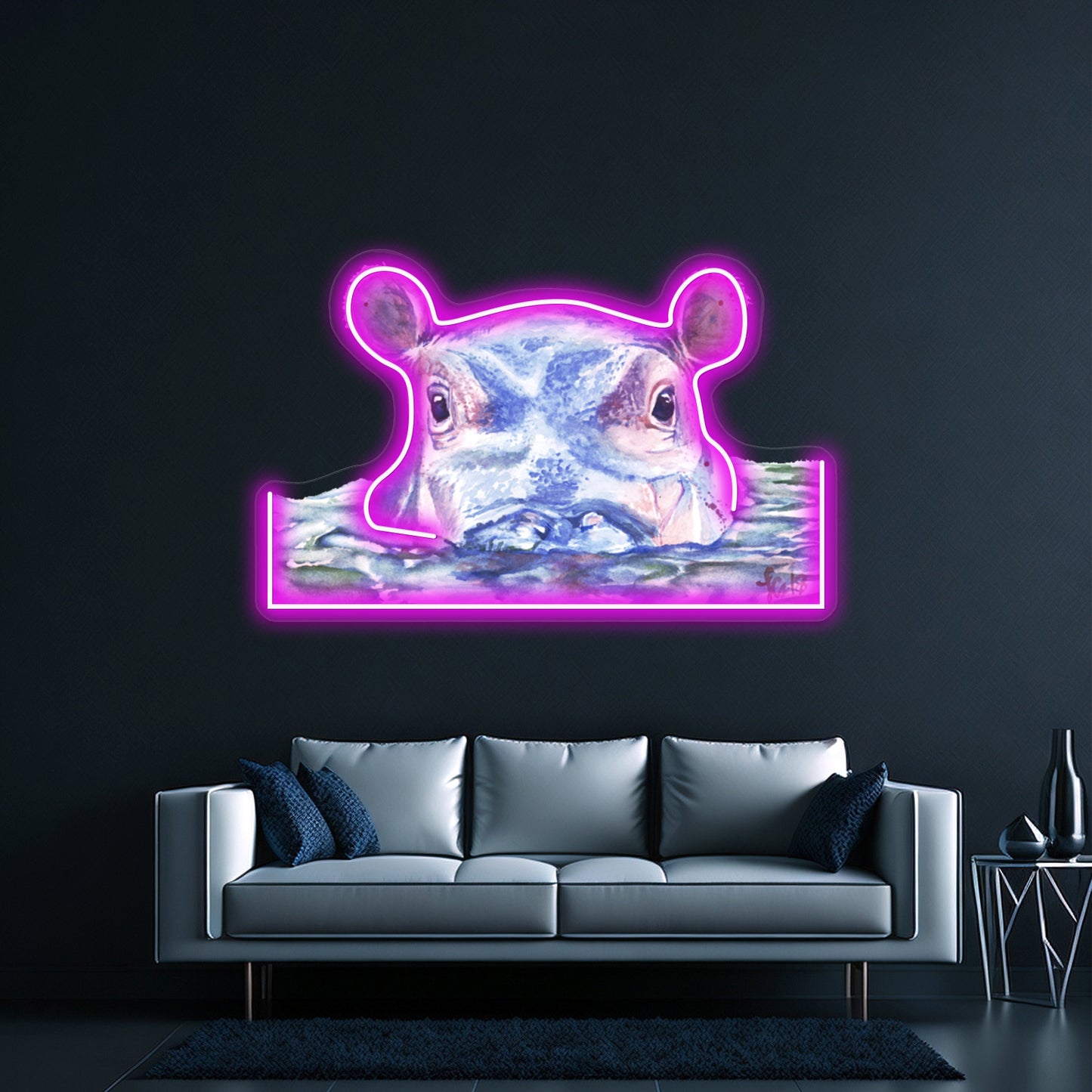 Happy Hippo Watercolor Painting Wall Artwork Neon Signs