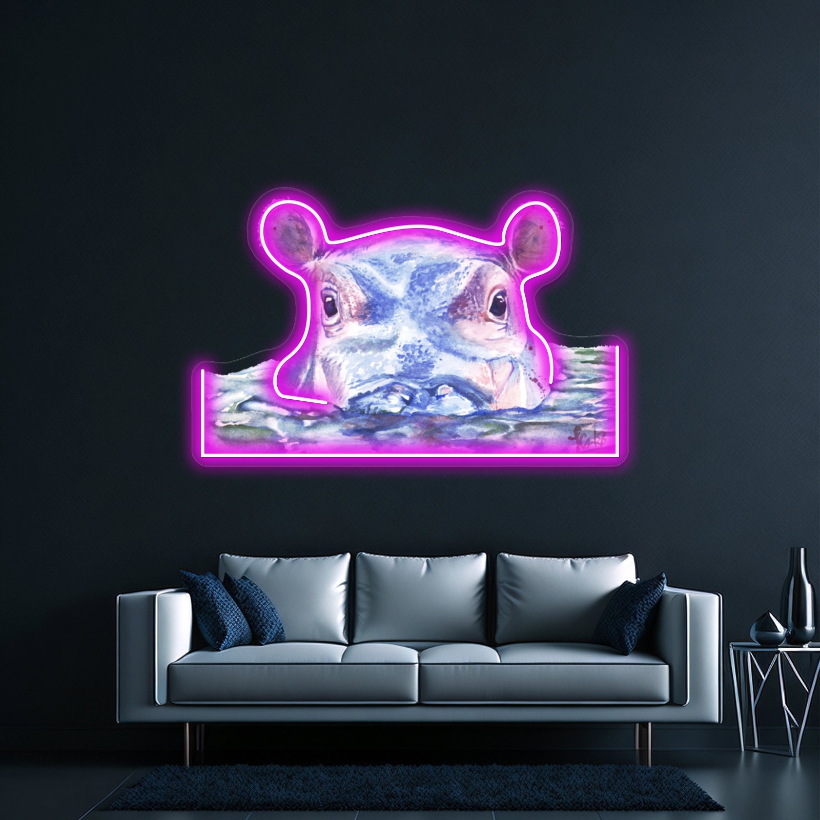 Happy Hippo Watercolor Painting Wall Artwork Neon Signs | Shineneon