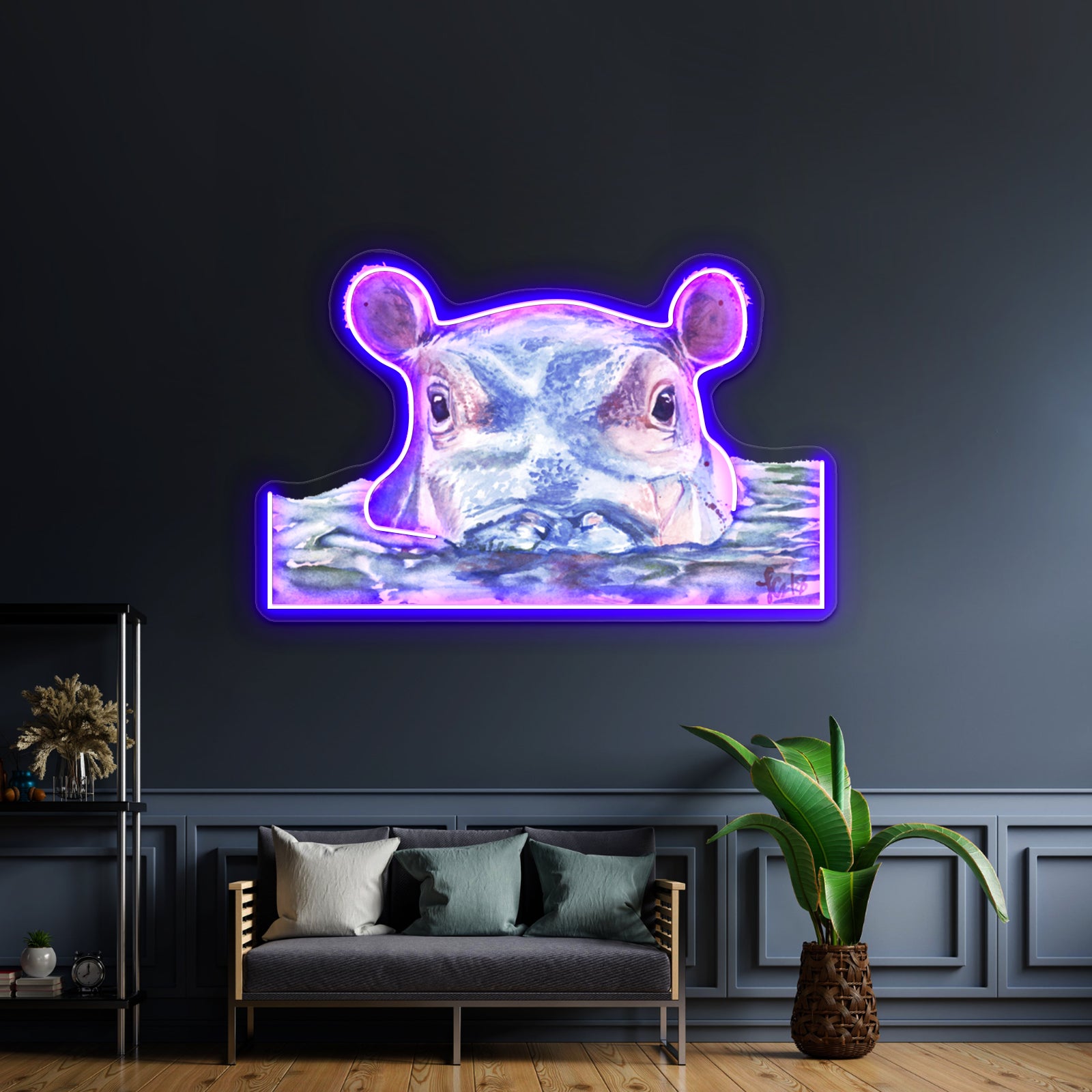 Happy Hippo Watercolor Painting Wall Artwork Neon Signs | Shineneon