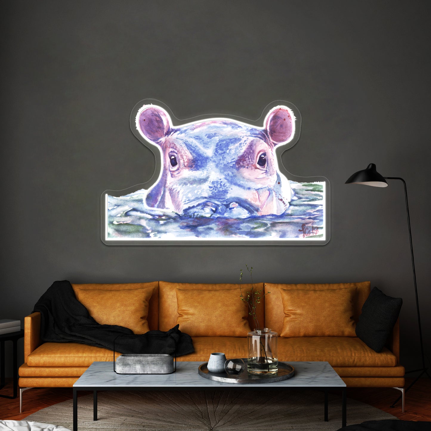 Happy Hippo Watercolor Painting Wall Artwork Neon Signs