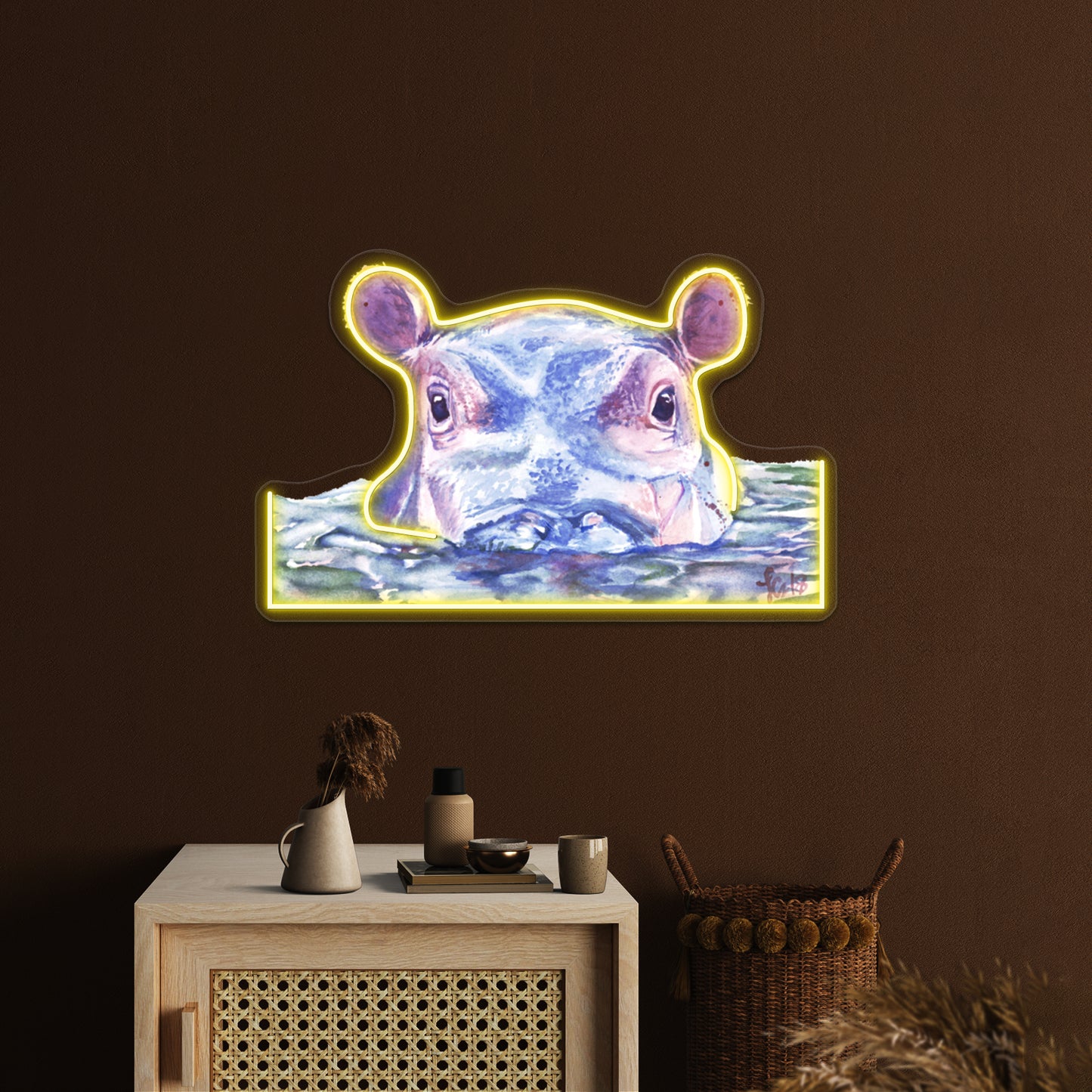 Happy Hippo Watercolor Painting Wall Artwork Neon Signs