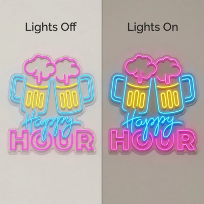 Happy Hour And Two Mugs LED Neon Sign - 06 Day Night Comparison