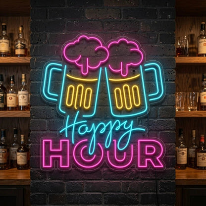 Happy Hour And Two Mugs LED Neon Sign - Shineneon