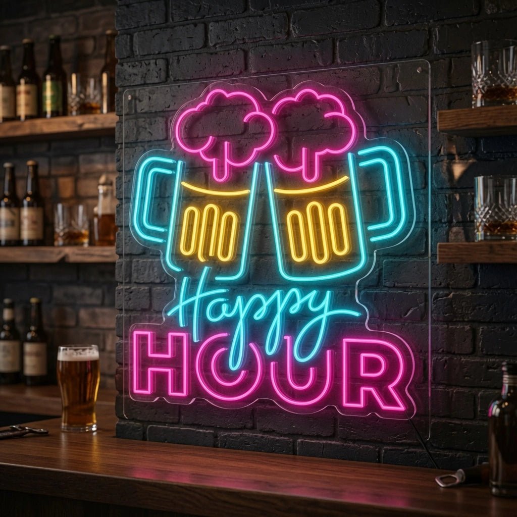 Happy Hour And Two Mugs LED Neon Sign - Shineneon