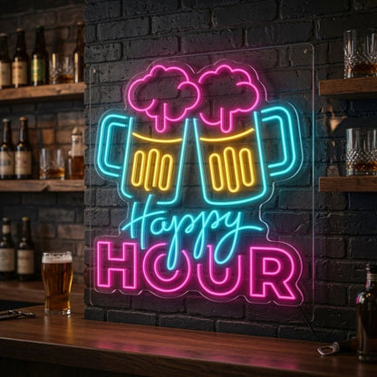 Happy Hour And Two Mugs LED Neon Sign - Shineneon