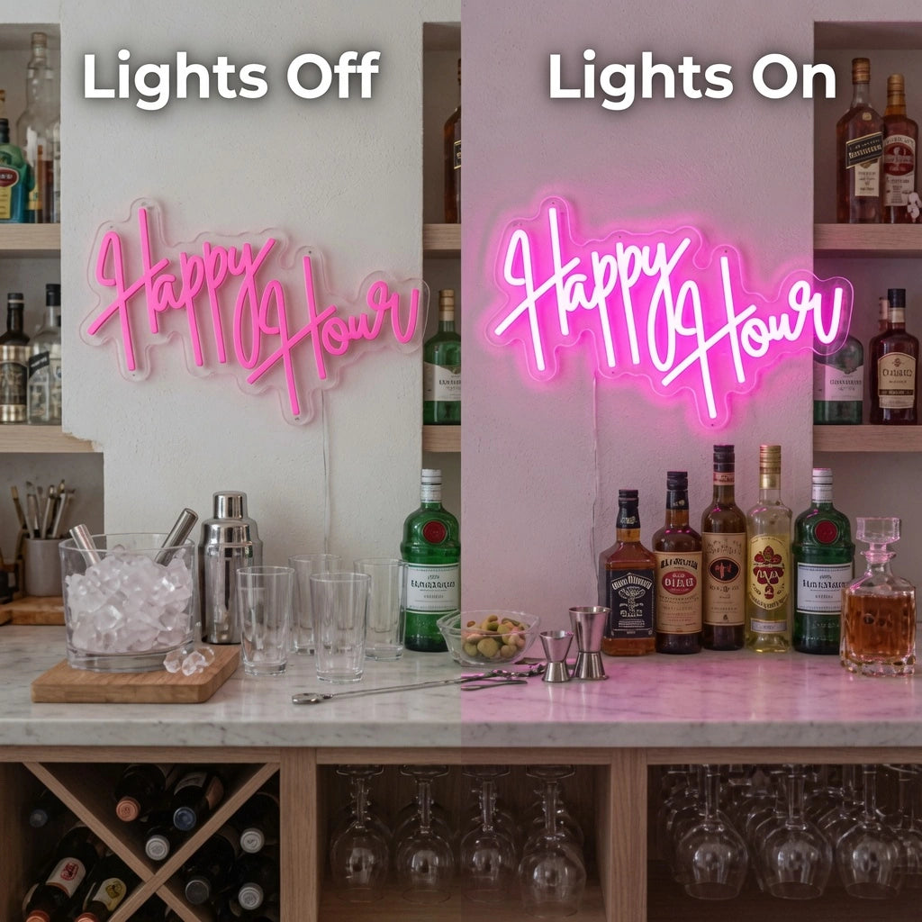 Happy Hour Business LED Neon Sign - 06 Day Night Comparison
