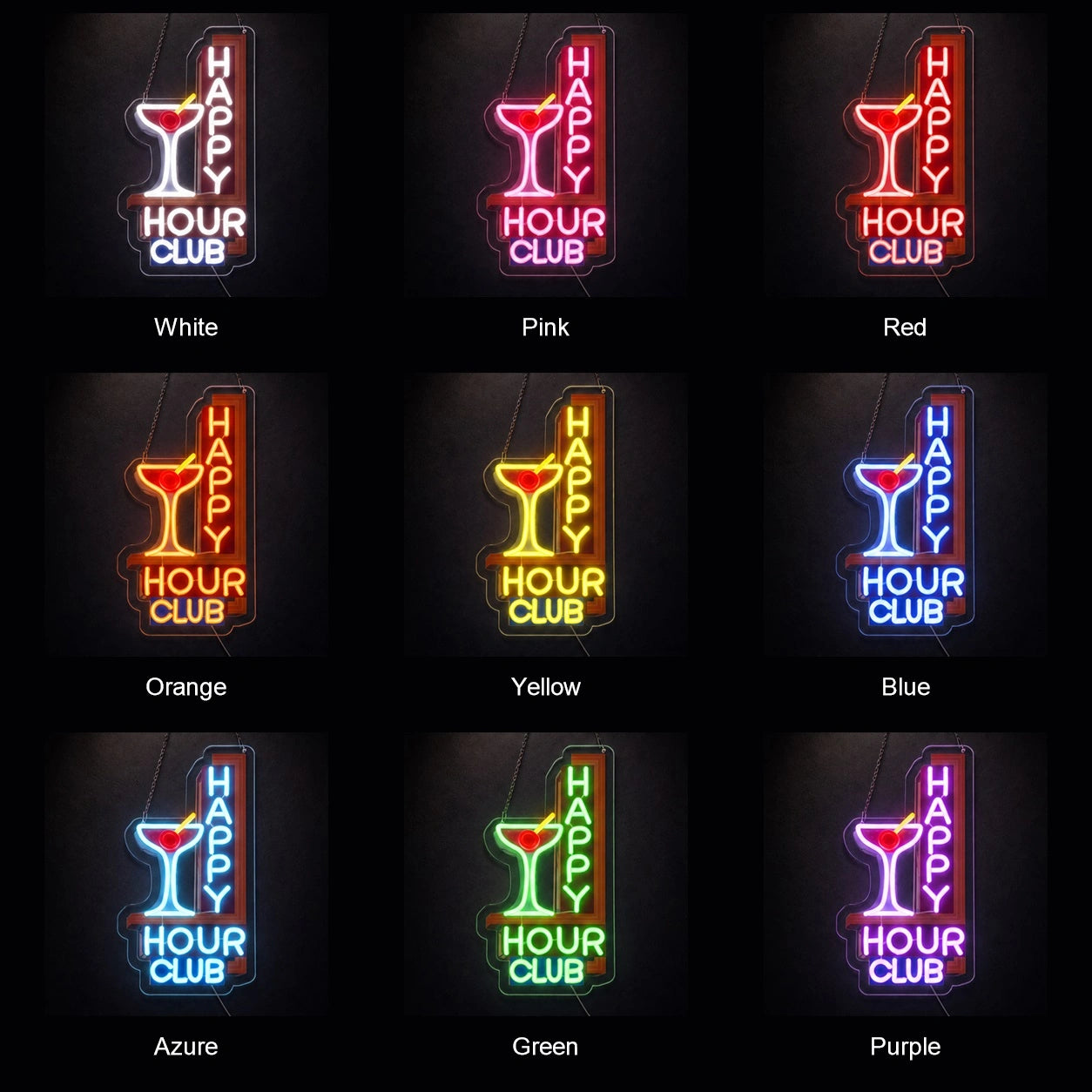 Happy Hour Club Martini Glass LED Neon Sign color grid