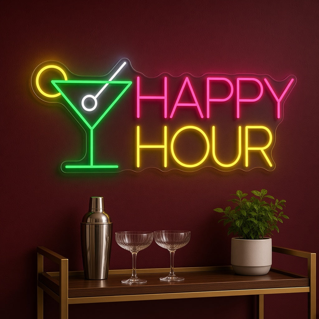 Happy Hour Cocktail Glass LED Neon Sign - advertising view