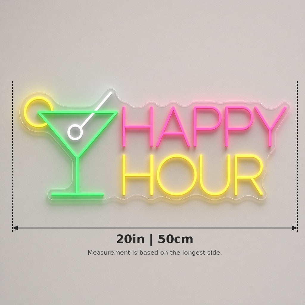 Happy Hour Cocktail Glass LED Neon Sign - size guide