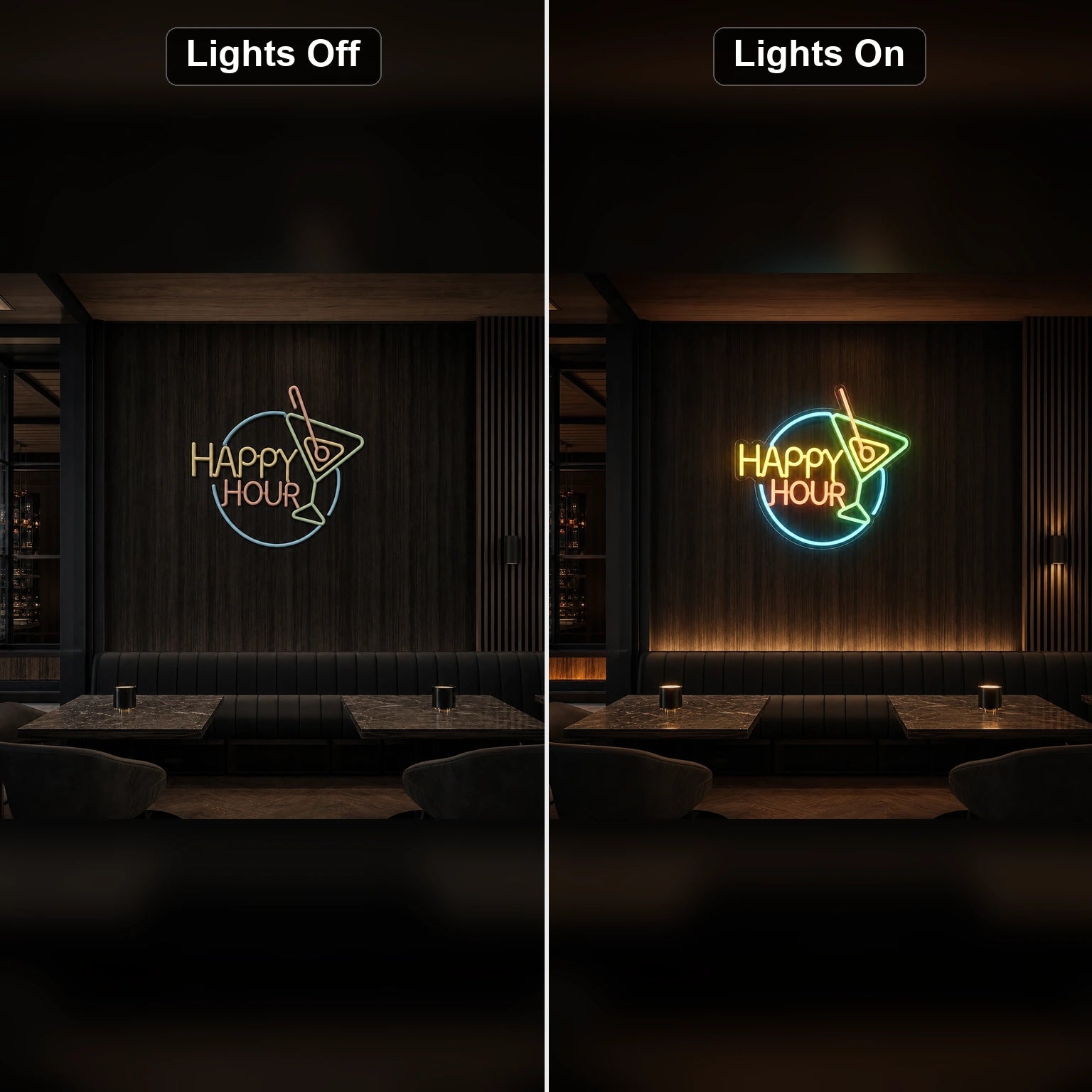 Happy Hour Cocktail LED Neon Sign Home Garage Wall Decoration day and night comparison
