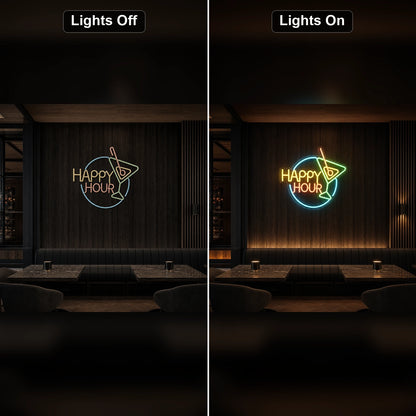 Happy Hour Cocktail LED Neon Sign Home Garage Wall Decoration day and night comparison