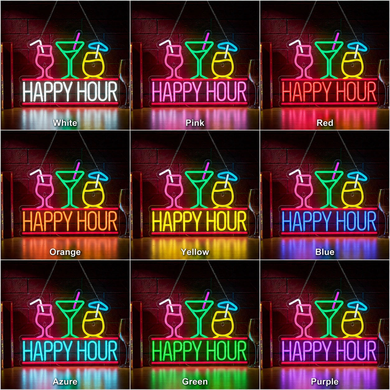 Happy Hour Glasses Neon Sign LED Neon Sign color grid