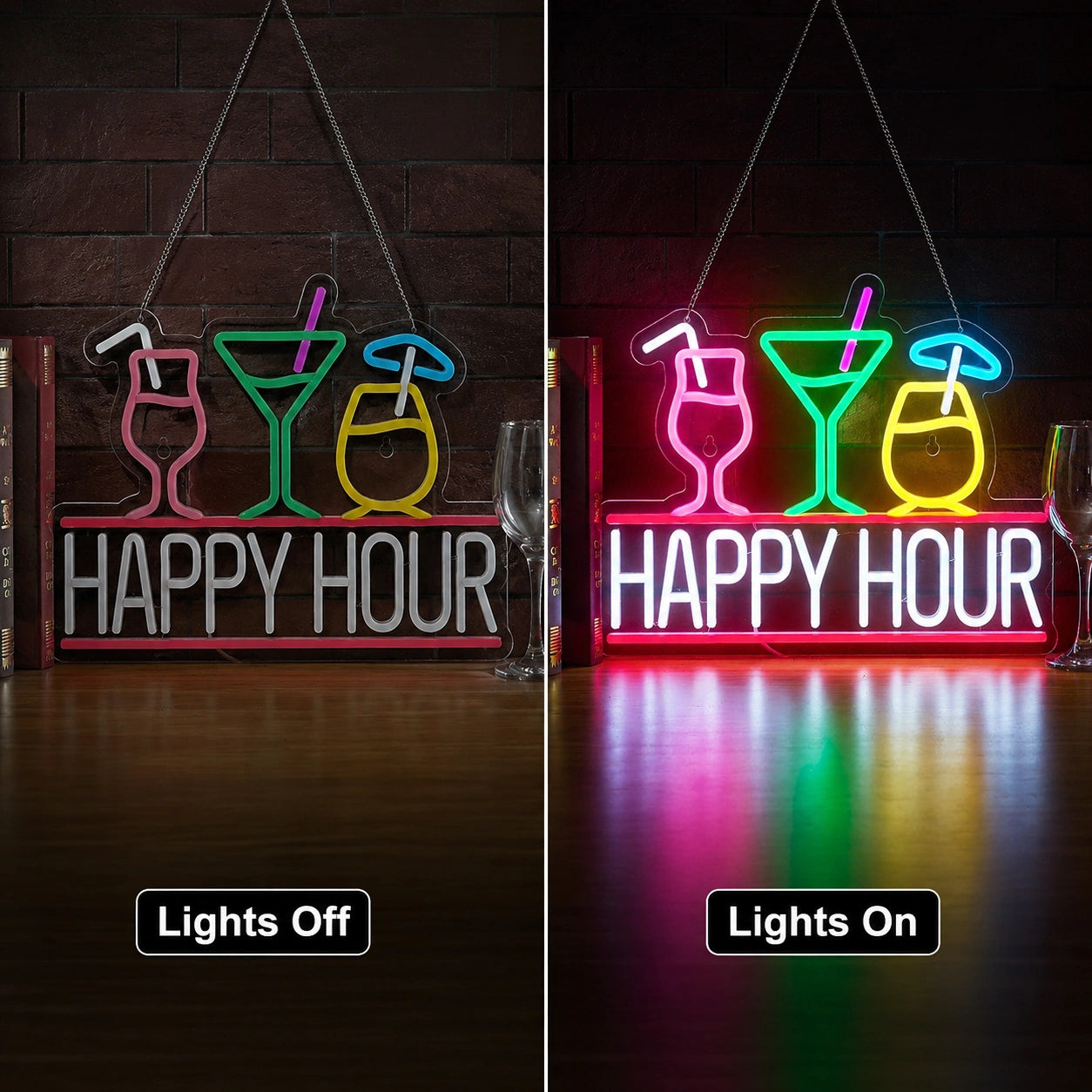 Happy Hour Glasses Neon Sign LED Neon Sign day and night comparison