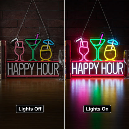 Happy Hour Glasses Neon Sign LED Neon Sign day and night comparison