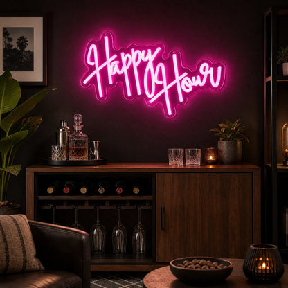 Happy Hour Hanging LED Neon Sign Home Garage Wall Decoration real lifestyle scene