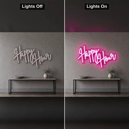 Happy Hour Hanging LED Neon Sign Home Garage Wall Decoration day and night comparison