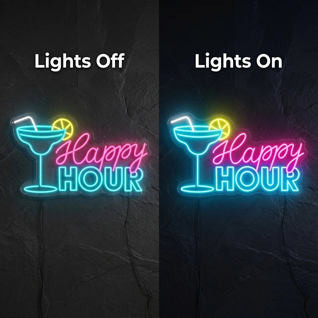 Happy Hour LED Neon Sign Home Decor - 06 Day Night Comparison