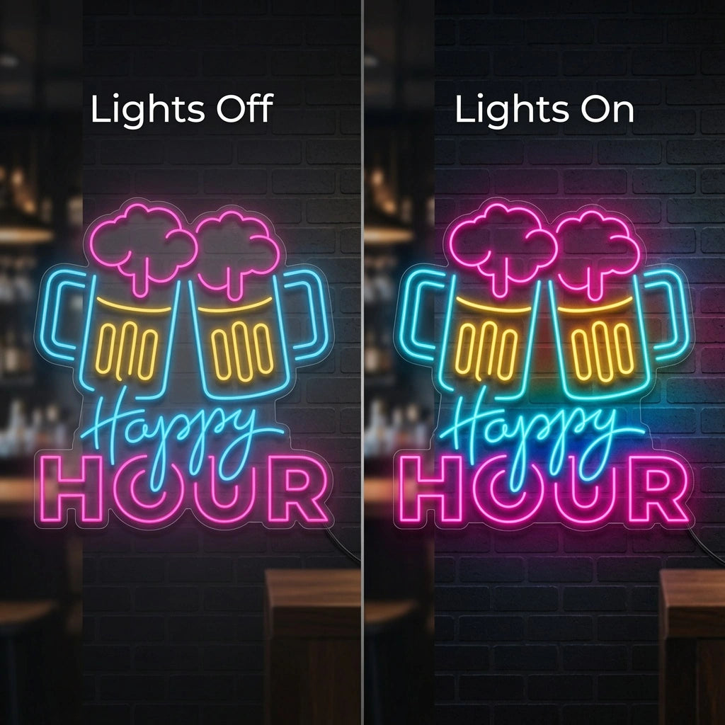 Happy Hour LED Neon Sign Home Wall Art - 06 Day Night Comparison