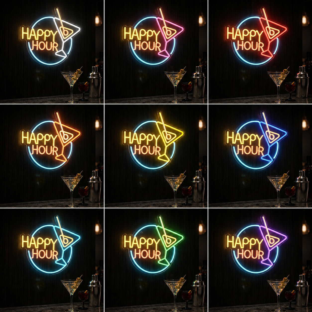 Happy Hour LED Neon Sign Multi Color Cocktail Bar Wall Light color grid