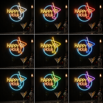 Happy Hour LED Neon Sign Multi Color Cocktail Bar Wall Light color grid