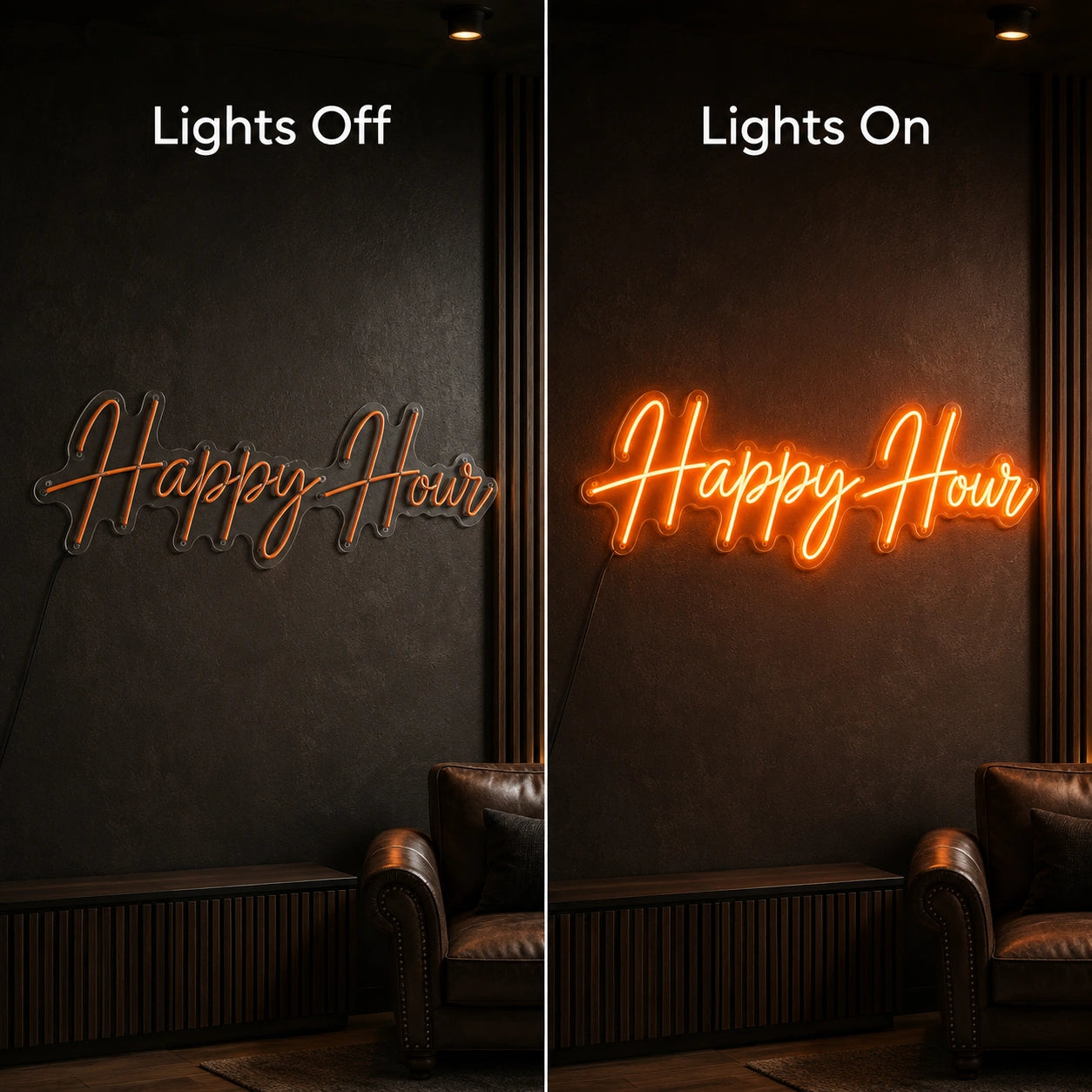 Happy Hour Man Cave LED Neon Sign day and night comparison