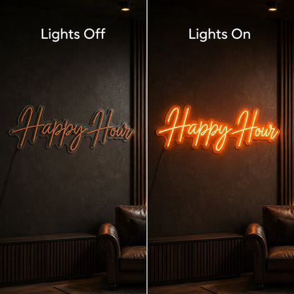 Happy Hour Man Cave LED Neon Sign day and night comparison