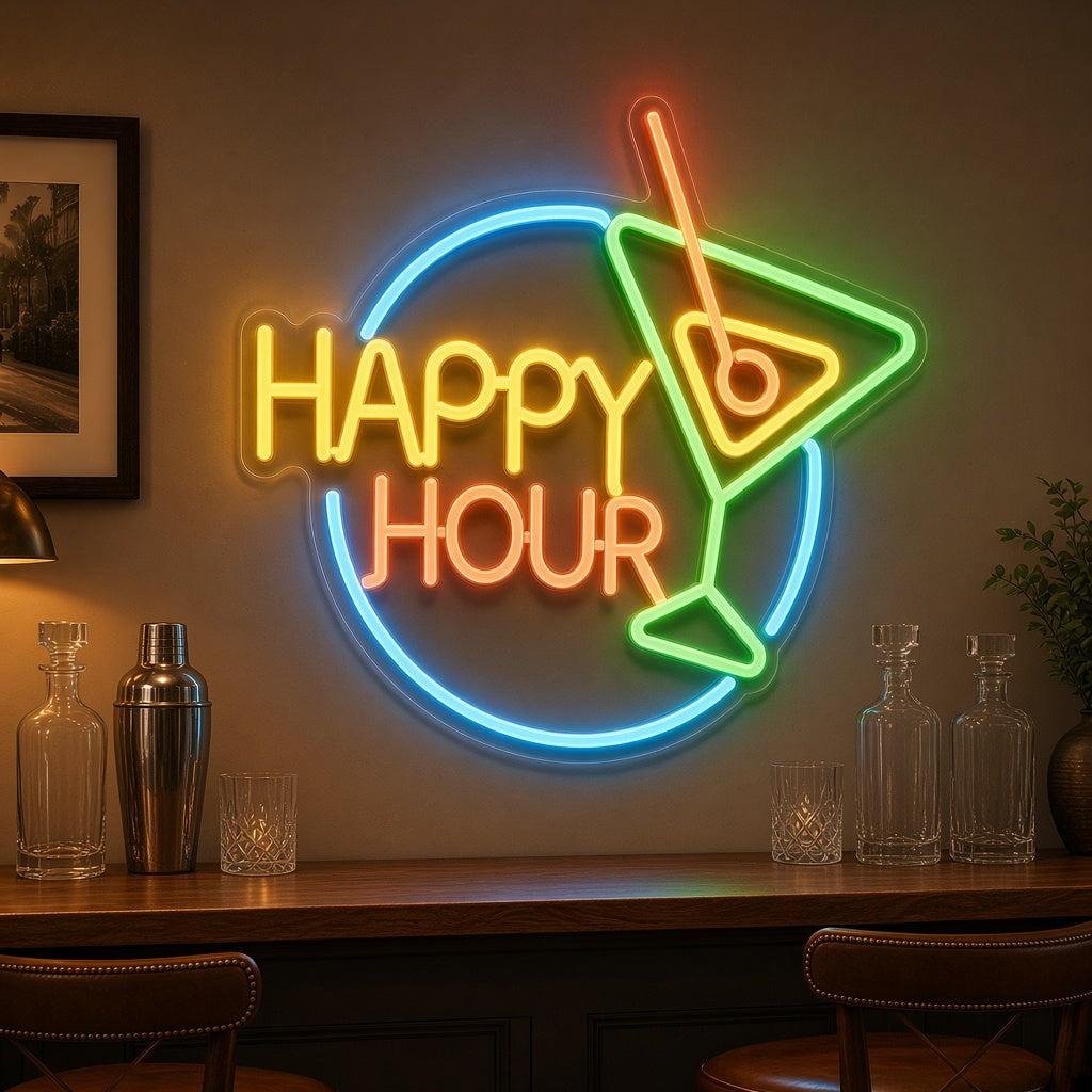 Happy Hour Martini Glass LED Neon Sign - advertising view