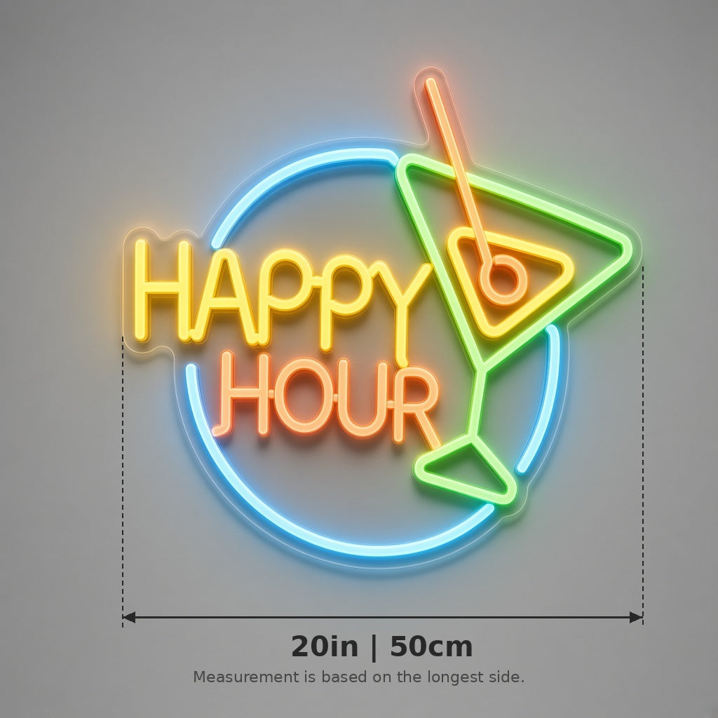 Happy Hour Martini Glass LED Neon Sign - size guide
