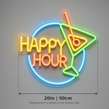 Happy Hour Martini Glass LED Neon Sign - size guide