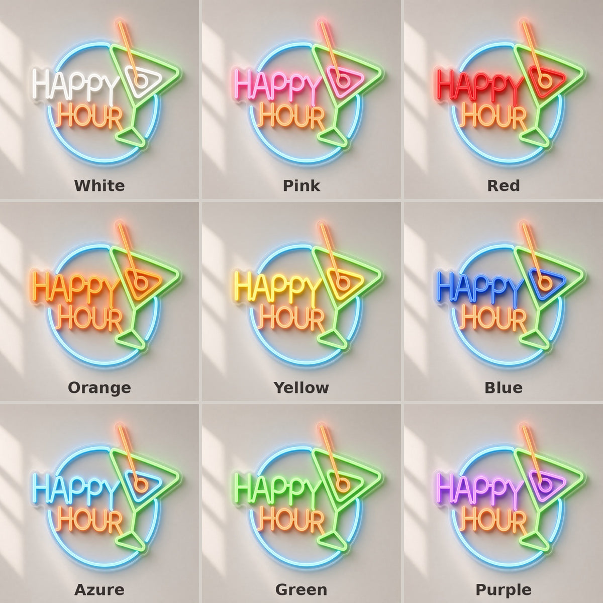 Happy Hour Martini Glass LED Neon Sign - nine-color grid