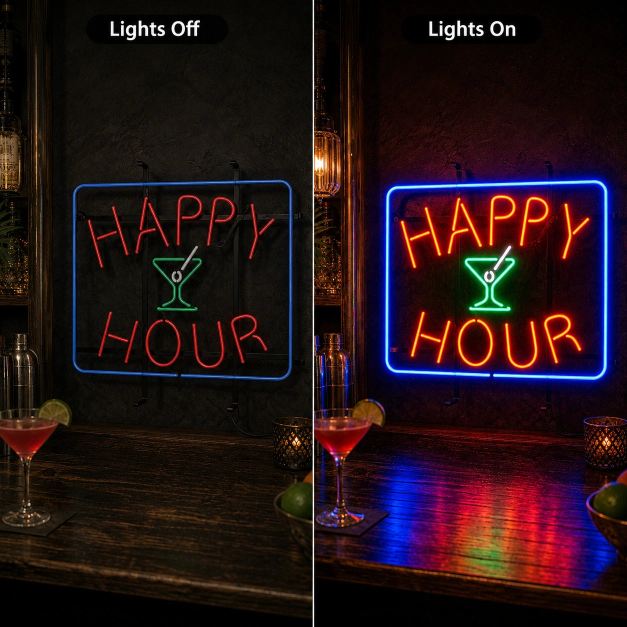 Happy Hour Martini Neon Sign LED Neon Sign day and night comparison