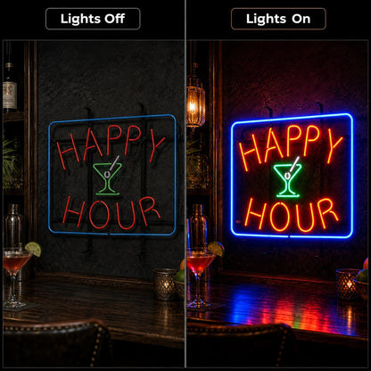 Happy Hour Martini Neon Sign Wall Art LED Neon Sign day and night comparison