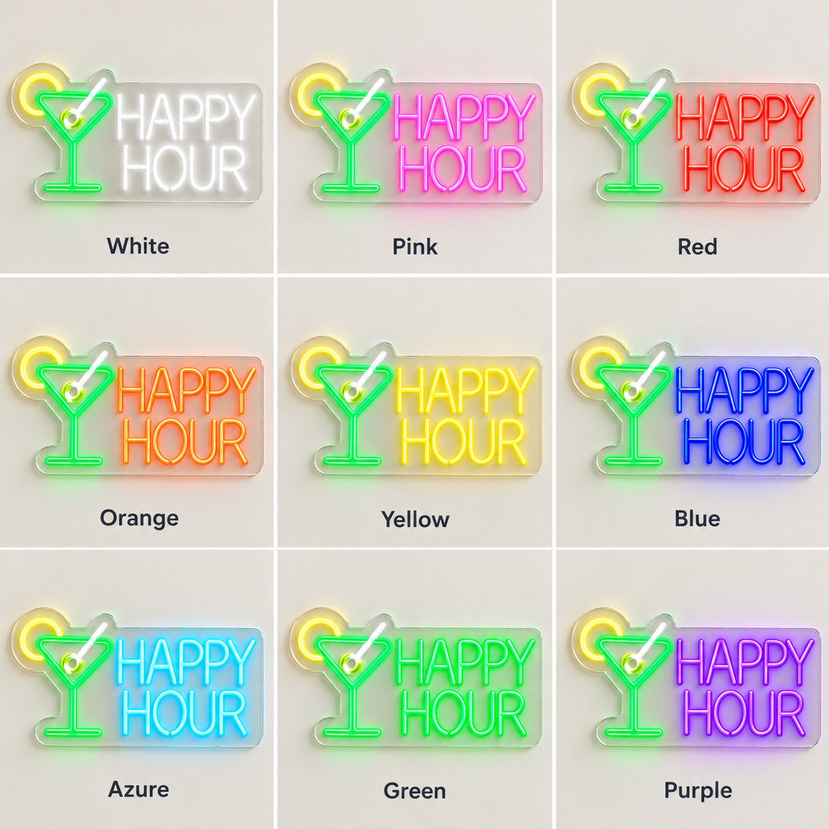 Happy Hour Martini LED Neon Sign - nine-color grid