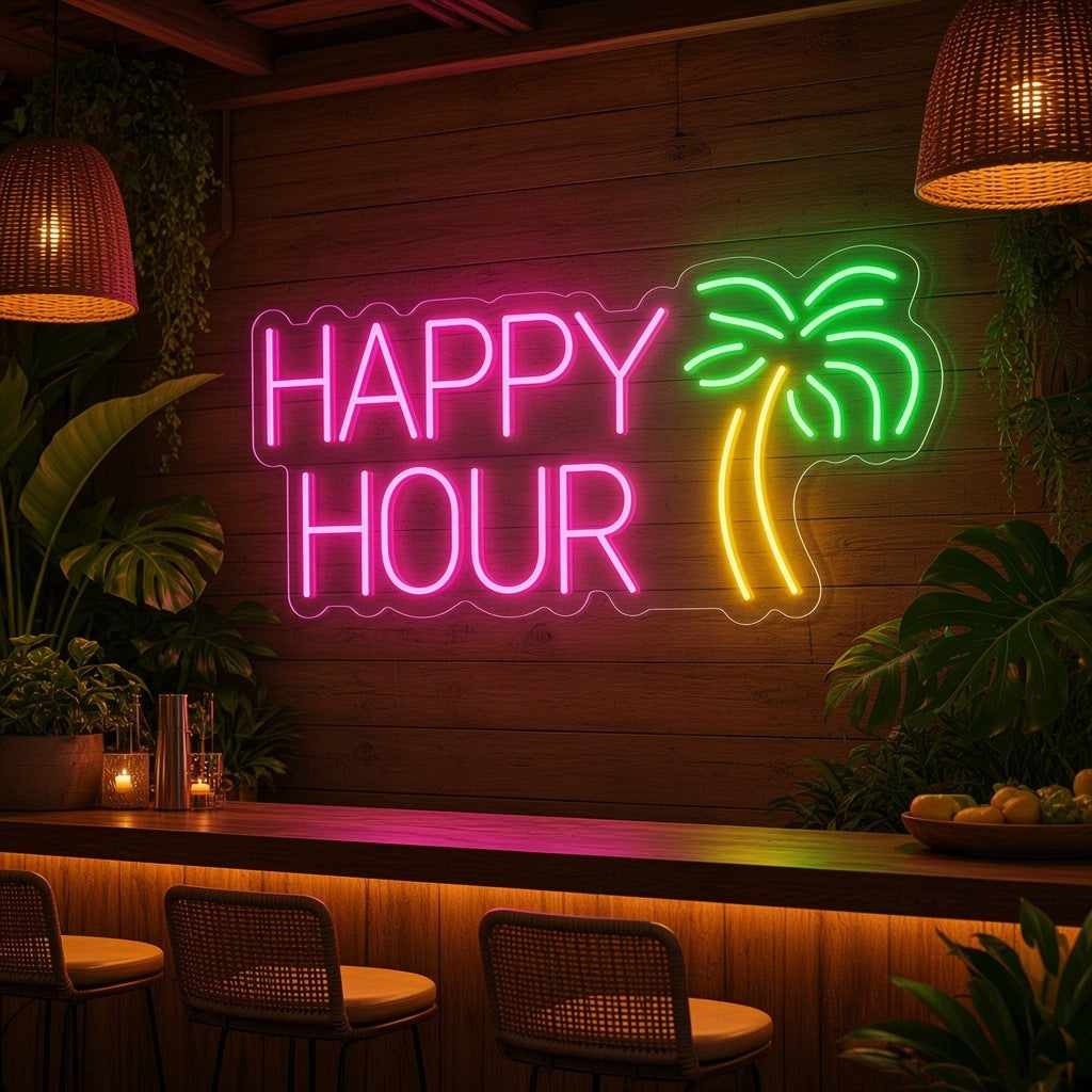 Happy Hour Palm Tree LED Neon Sign - advertising view