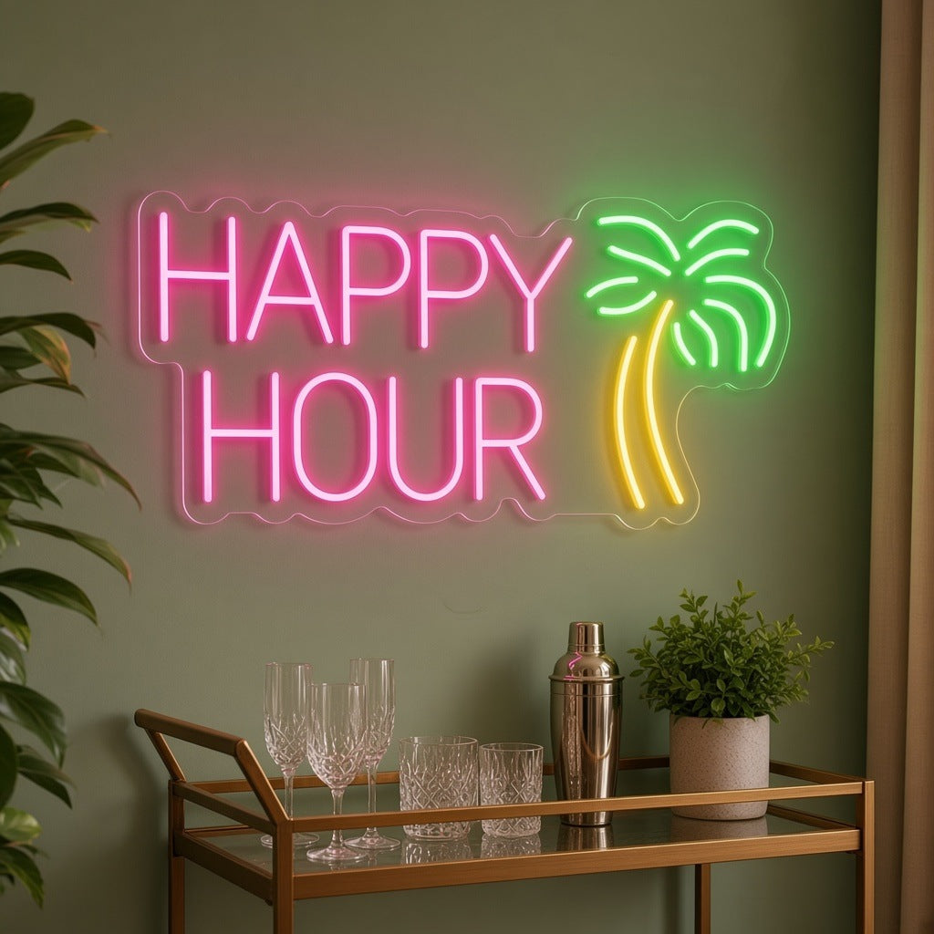 Happy Hour Palm Tree LED Neon Sign - lifestyle view