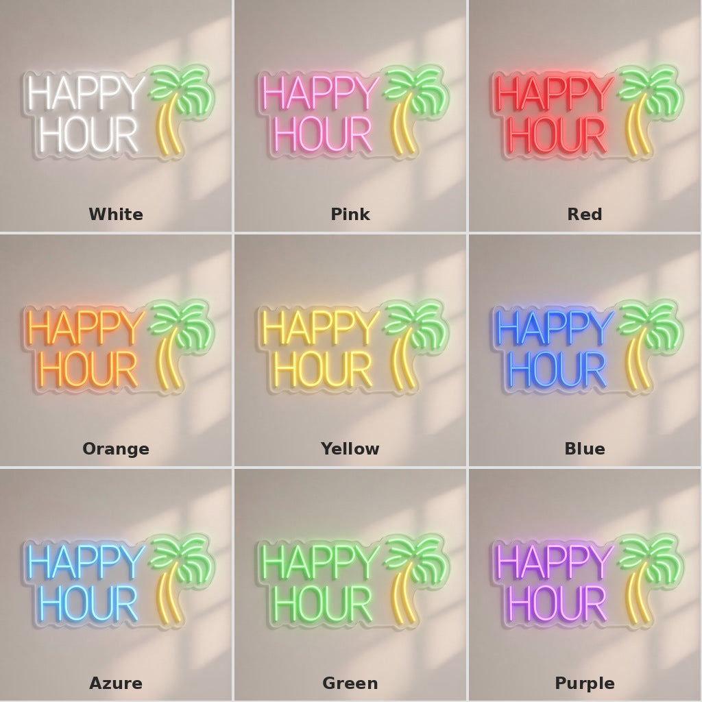 Happy Hour Palm Tree LED Neon Sign - nine-color grid