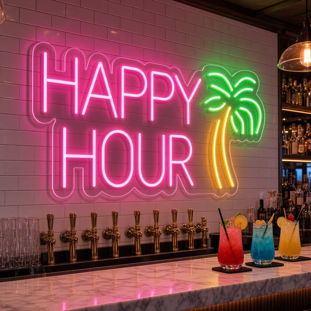 Happy Hour Palm Tree LED Neon Sign - advertising view